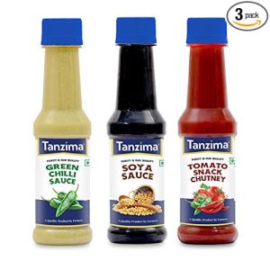Tanzima Green Chilli Sauce, SOYA Sauce and Tomato Snack Chutney, Combo Offer Pack of 3 (200g Each)