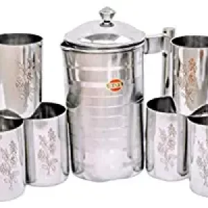 R.A Stainless Steel Water Pitcher with Lid & 6 Floral Glasses Set (1500ML).