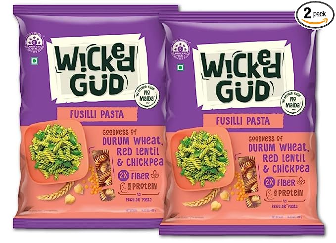 WickedGud 2X Fiber Fusilli Pasta Healthy Diet Pasta - 400gm x 2